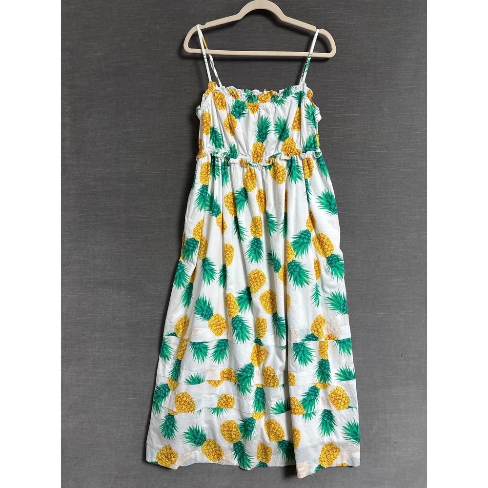 J Crew Dress 12 White Yellow Green Pineapple Cotton Tiered Midi Fruit Resort